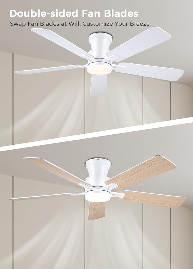 JSAITEE 52Inch Ceiling Fan with Lights and Remotes, Modern Low Profile Flush Mount Ceiling Fans,DC Reversible Motor, 3CCT Dimmable,Noiseless,Dual Finish, White 6 Speeds Ceiling Fan for Indoor/Outdoor