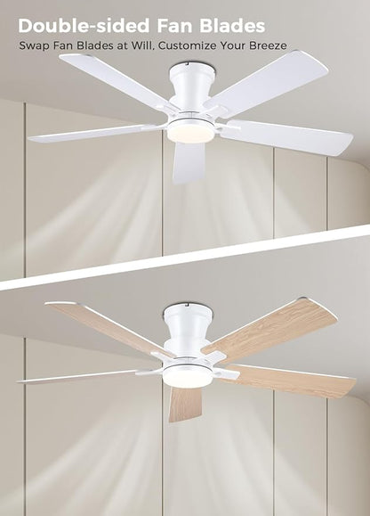 JSAITEE 52Inch Ceiling Fan with Lights and Remotes, Modern Low Profile Flush Mount Ceiling Fans,DC Reversible Motor, 3CCT Dimmable,Noiseless,Dual Finish, White 6 Speeds Ceiling Fan for Indoor/Outdoor