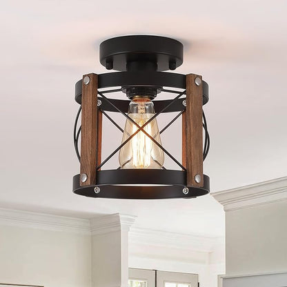 Rustic Farmhouse Wood Flush Mount Ceiling Light Fixture Oak Wood and Metal Round Cage Small Semi Flush Mount Ceiling Light for Kitchen Entry Bedroom Country Hallway Farmhouse, Black
