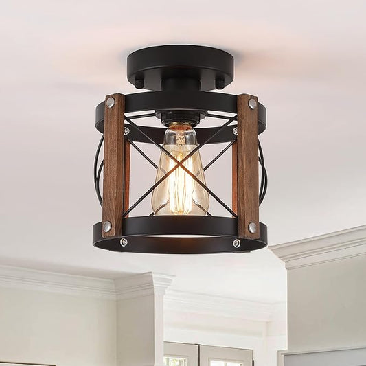 Rustic Farmhouse Wood Flush Mount Ceiling Light Fixture Oak Wood and Metal Round Cage Small Semi Flush Mount Ceiling Light for Kitchen Entry Bedroom Country Hallway Farmhouse, Black