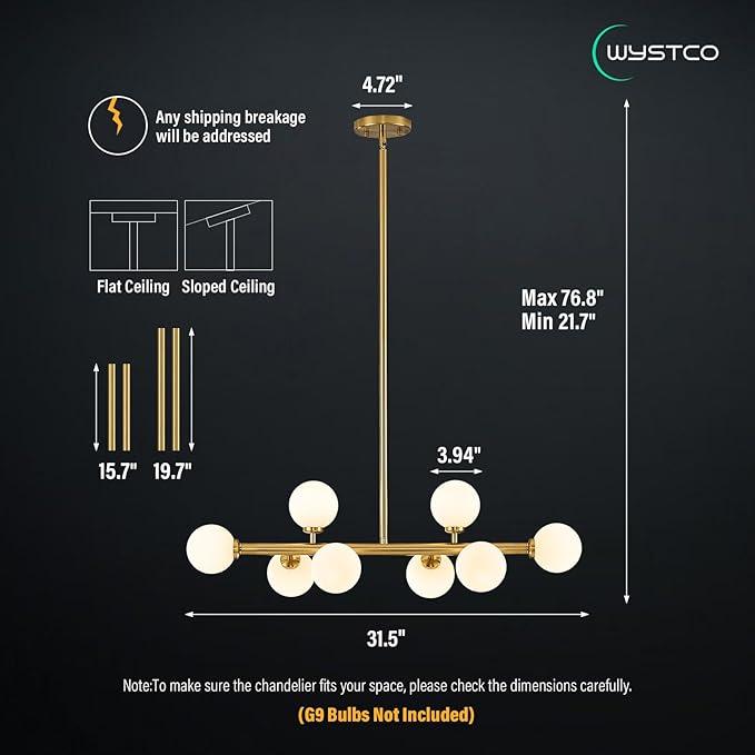 Mid Century Modern Globe Sputnik Chandelier, 8-Light Linear Chandeliers for Dining Room and Kitchen Island, Dining Light Fixture Over Table, Brass Gold and Milk White Glass Bubble, 32 Inch