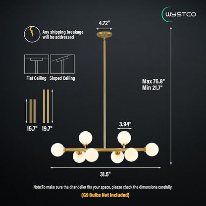 Mid Century Modern Globe Sputnik Chandelier, 8-Light Linear Chandeliers for Dining Room and Kitchen Island, Dining Light Fixture Over Table, Brass Gold and Milk White Glass Bubble, 32 Inch