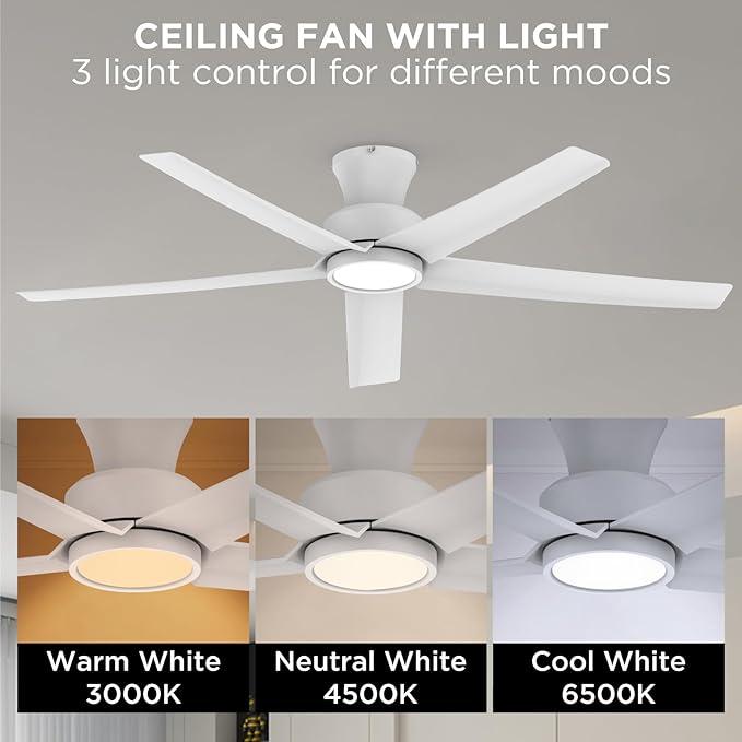 ocioc 52 inch Ceiling Fans with Lights, Large Air Volume Ceiling Fans with Reversible Quiet DC Motor and Remote（White-2 pack）