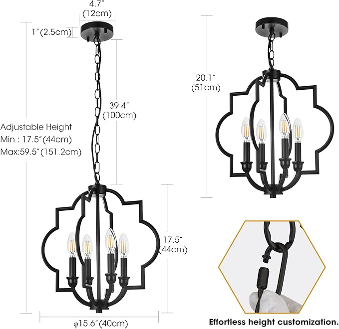 4-Light Black Farmhouse Chandelier, 15.6" Rustic Geometric Pendant Light Fixtures, Adjustable Height Metal Industrial Hanging Light for Kitchen Island Dining Room Hallway Foyer Entryway
