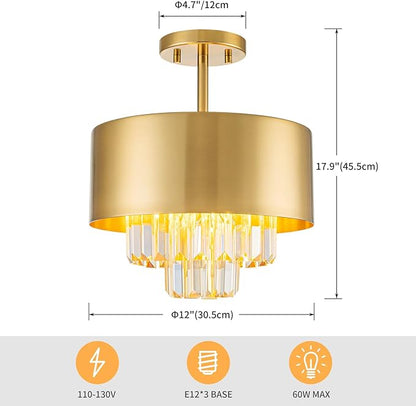 LumFurn 3-Light Luxury K9 Crystal Ceiling Light for Living Room, Foyer, Bedroom, Close to Ceiling Semi-Flushmount Light Fixture, Brass Finish Metal Lampshade & Champagne Crystal Pendant