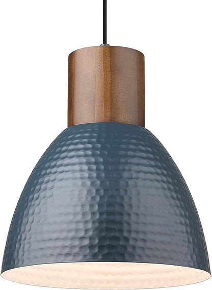 ELYONA Hammered Pendant Light for Kitchen Island, 10.2” Metal Solid Wood Bar Hanging Lamp, Adjustable Height Industrial Pendant Lighting for Dining Room, Bedroom, Bar, Office, Modern Blue