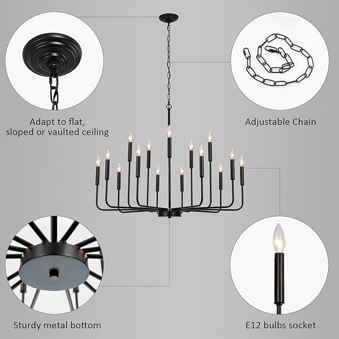 Black Chandeliers for Dining Room Light Fixture Over Table, Modern Farmhouse Chandeliers for Living Room,15-Lights Industrial Metal Candle Lighting Fixtures for Entryway Kitchen Island Foyer