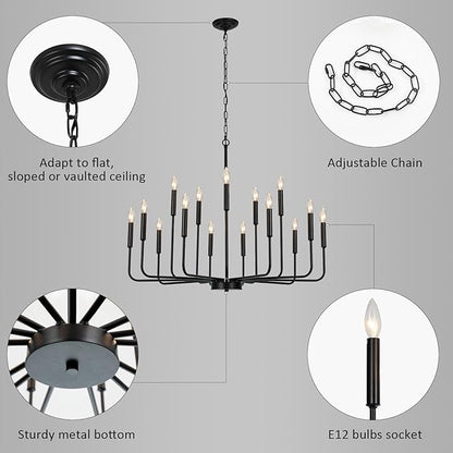 Black Chandeliers for Dining Room Light Fixture Over Table, Modern Farmhouse Chandeliers for Living Room,15-Lights Industrial Metal Candle Lighting Fixtures for Entryway Kitchen Island Foyer