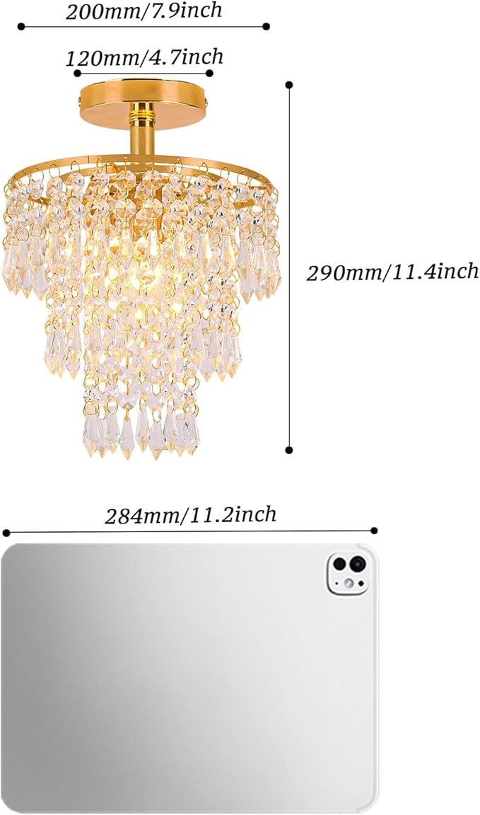 FRIXCHUR Mini Size Crystal Chandelier Modern Flush Mount Ceiling Light 3 Tiers Raindrops Crystal Pendant Lighting Fixture Decoration for Bedroom Hallway Living Room,E26 Base,Gold