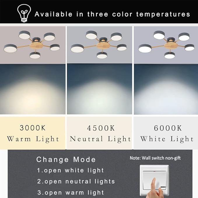 5-Lights LED Ceiling Light Fixture,32 Inch Modern Ceiling Lights Flush Mount Wooden 40W Dimmable Chandelier for Living Room Bedroom Kitchen,3000K/4000K/6000K Temperatures Selectable Grey