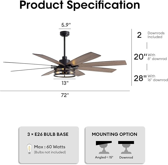LuminFan 72 inch Large Ceiling Fans with Lights and Remote, Black Modern Ceiling Fan for Living Room, Patios, 6 Speed Reversible Quiet DC Motor, 8 Blades, Easy to Install