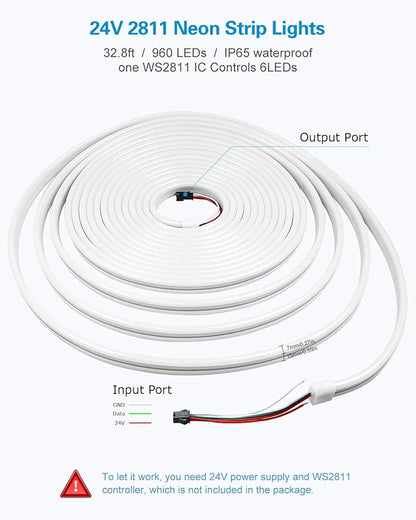 ALITOVE Neon Rope Light Addressable WS2811 RGB IC 32.8ft Room Decor Flexible Programmable Pixels Strip 24V Outdoor IP65 Waterproof (No Power Supply & Controller)