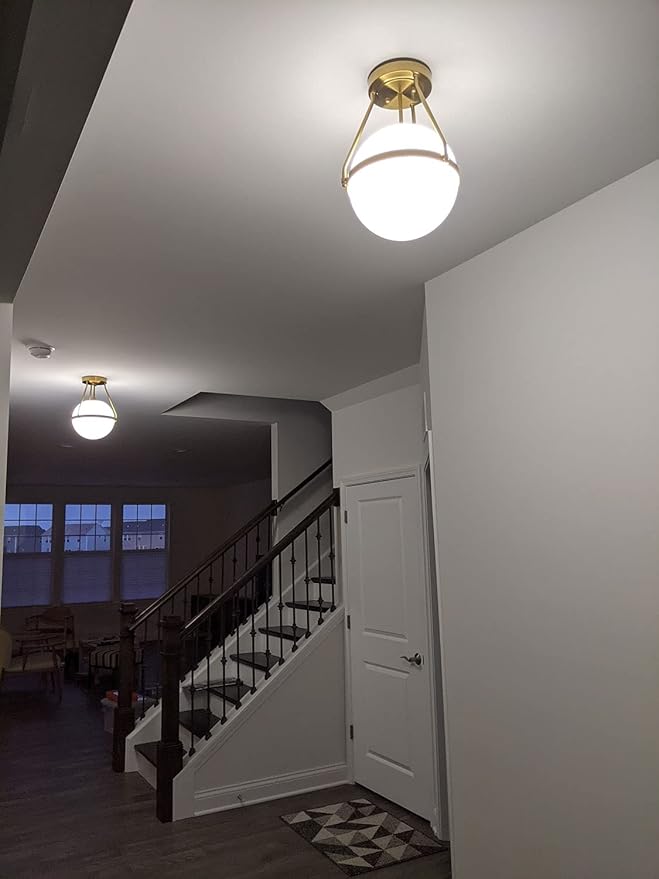 HOLKIRT Mid Century Modern Globe Semi Flush Mount Ceiling Light Fixture,White Opal with Brass Finish,Living/Dinning Room-Dimmable