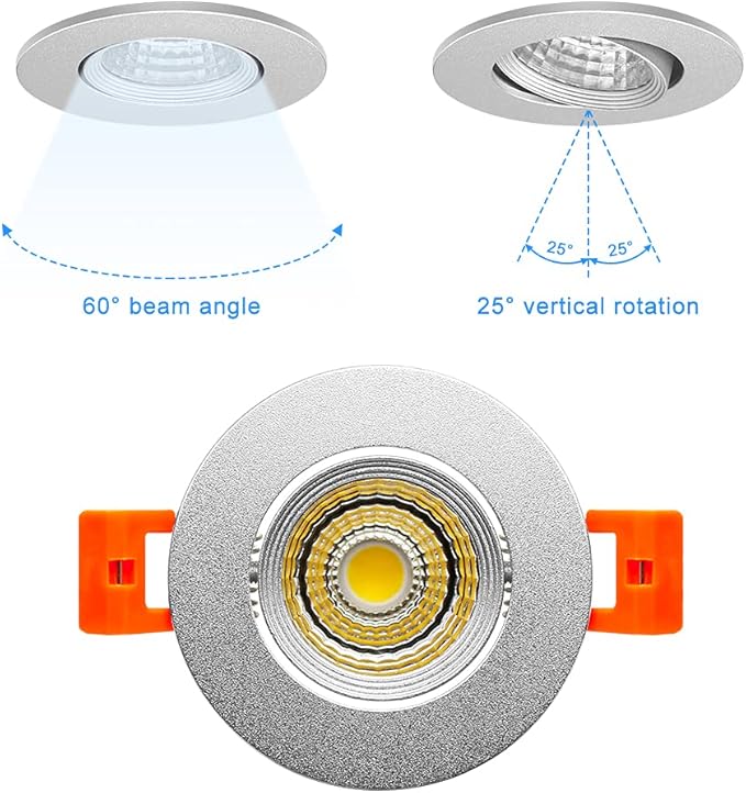 LightingWill 2Inch LED Recessed Ceiling Light, 3W Dimmable LED Downlight, Daylight White 5000K-5500K, 60 Beam Angle COB Recessed Lights with Driver, 25W Halogen Bulbs, Silver 6Pack