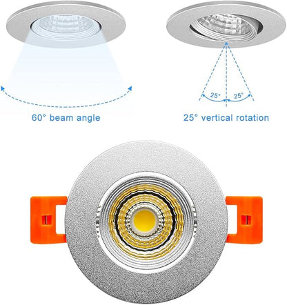 LightingWill 2Inch LED Recessed Ceiling Light, 3W Dimmable LED Downlight, Daylight White 5000K-5500K, 60 Beam Angle COB Recessed Lights with Driver, 25W Halogen Bulbs, Silver 6Pack