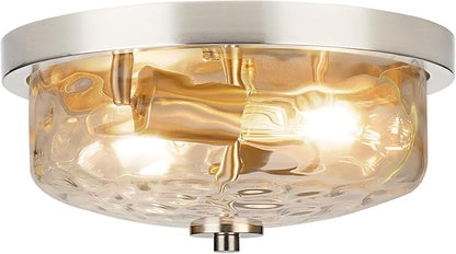 Brushed Nickel Flush Mount Light, Kitchen Ceiling Fixture with Water Ripple Glass Shade, 2-Light Outdoor Porch Flush Mounts for Hallway, Foyer, Entryway, Bathroom