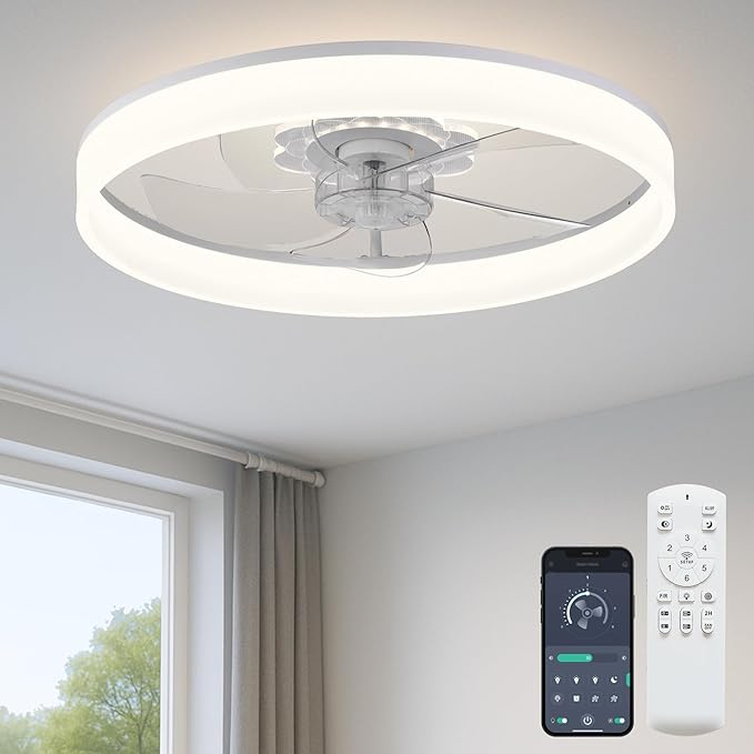 Fszdorj 20'' Ceiling Fan with Light, Upgraded Low Profile Fan, Flush Mount Ceiling Fan, 6 Speeds, Dimmable LED, App & Remote Control, Quiet DC Motor, for Bedroom, Living Room, F116 White