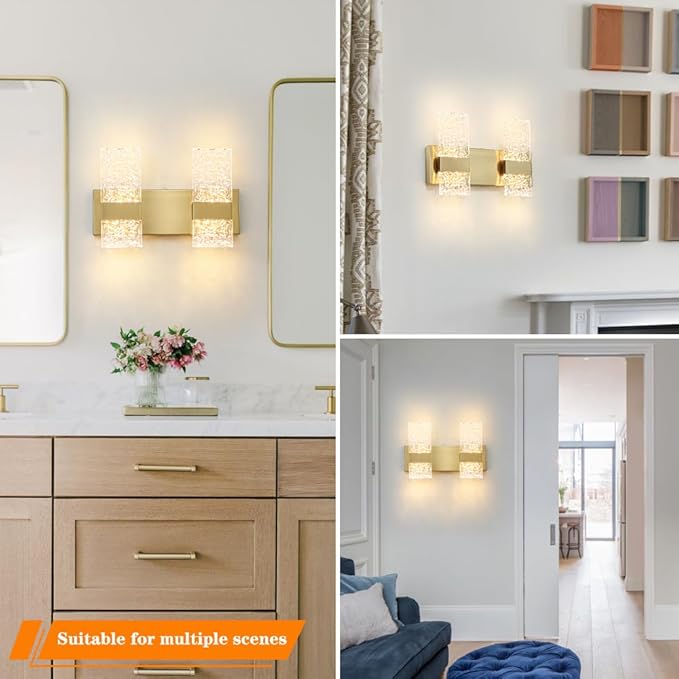 Modern Polished Gold 2 Lights Bathroom Vanity Light, Eleglant LED Bathroom Light Fixtures Over Mirror, Dimmable Acrylic Shade Wall Lighting Fixtures, Hardwired Wall Light(H9.25in, L13.78in)