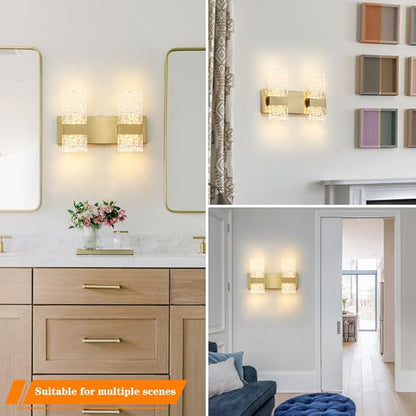 Modern Polished Gold 2 Lights Bathroom Vanity Light, Eleglant LED Bathroom Light Fixtures Over Mirror, Dimmable Acrylic Shade Wall Lighting Fixtures, Hardwired Wall Light(H9.25in, L13.78in)