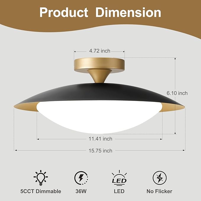 Dimmable Modern Mid-Century Ceiling Light, Black and Gold LED Semi Flush Mount Ceiling Light, 5CCT 2700K-6000K Lighting Fixture Ceiling Lamp with Glass Shade for Bedroom Kitchen Living Room, 15.7in