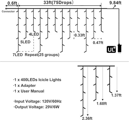Christmas Lights Outdoor - 33ft 400LED Icicle Lights for Outside, Clear Wire Connectable Twinkle Light for House Party Holiday Patio Yard Decorations