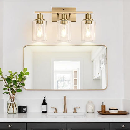 Indoi 3 Light Bathroom Light Fixtures, Brass Vanity Lights for Bathroom with Clear Glass Shades, Modern Bathroom Wall Sconces for Mirror Living Room Cabinet