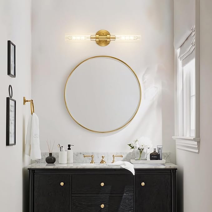 SANTOSTOCK Hardwired Wall Sconces Set of 2, Brushed Gold Bathroom Wall Sconces Vanity Light Fixture with Clear Glass, Modern Farmhouse Wall Lights for Bathroom Mirror Living Room Hallway Kitchen