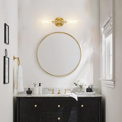 SANTOSTOCK Hardwired Wall Sconces Set of 2, Brushed Gold Bathroom Wall Sconces Vanity Light Fixture with Clear Glass, Modern Farmhouse Wall Lights for Bathroom Mirror Living Room Hallway Kitchen