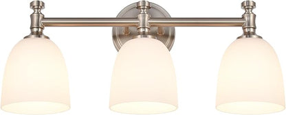 Bathroom Vanity Light, 3-Light Bathroom Light Fixtures Over Mirror, Traditional Vanity Lights for Living Room, Milk White Bell Glass Shades, Standard E26 Base, Brushed Nickel