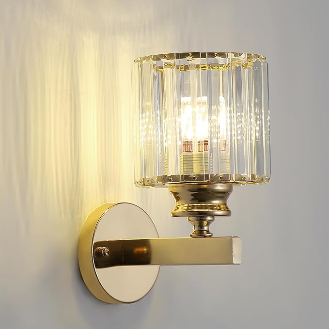 Hardwired Crystal Wall Sconces, Modern E27 Wall Lights, Gold Round Finish Wall Lamp for Living Room Bedroom Dining Room Hallway Entryway (Gold Round)