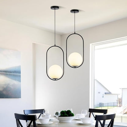 Modern Black Globe Pendant Light Set of 2 Frosted Glass Shade Geometric Hanging Fixture Indoor Adjustable Hanging Pendant Lamp Spherical Lighting for Kitchen Island Bedroom
