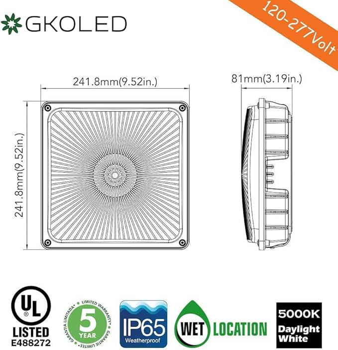 GKOLED 40W LED Square Canopy Light Replaces 175W PSMH with 5450lumens, 5000K and Dark Bronze Finish, UL Listed, 5-Year Limited Warranty Ideal for Indoor and Outdoor Applications