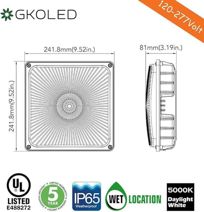 GKOLED 40W LED Square Canopy Light Replaces 175W PSMH with 5450lumens, 5000K and Dark Bronze Finish, UL Listed, 5-Year Limited Warranty Ideal for Indoor and Outdoor Applications