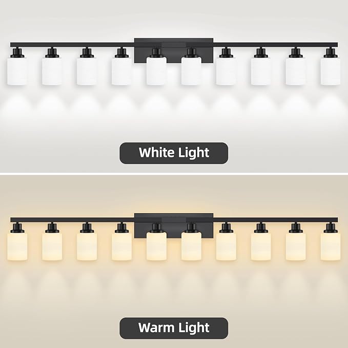 10 Light Bathroom Vanity Lights Over Mirror, 65.4 inch Black Vanity Lights Fixtures with White Glass Shades Matte Black Modern Vanity Lights Black Bathroom Wall Lighting for Mirror Bedroom