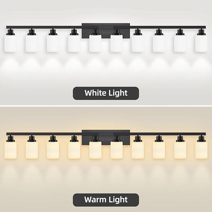 10 Light Bathroom Vanity Lights Over Mirror, 65.4 inch Black Vanity Lights Fixtures with White Glass Shades Matte Black Modern Vanity Lights Black Bathroom Wall Lighting for Mirror Bedroom