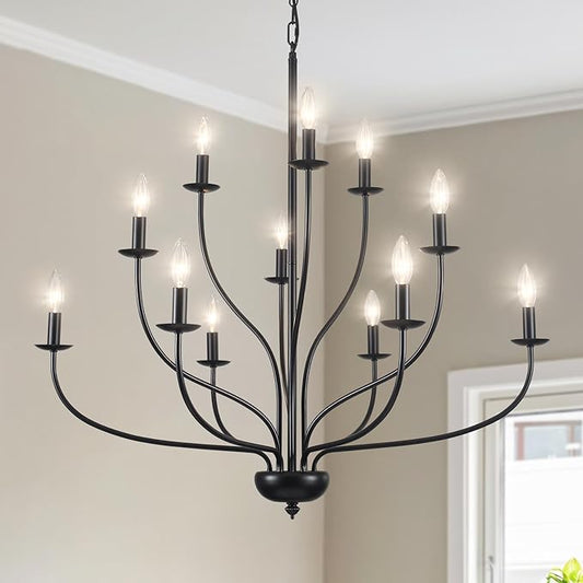 36" Black Farmhouse Chandelier for Dining Room, Modern Large Foyer Chandelier 12-Light Industrial Metal Candle Lighting Fixtures, Modern Farmhouse Chandeliers for Living Room Hallway Entryway E12