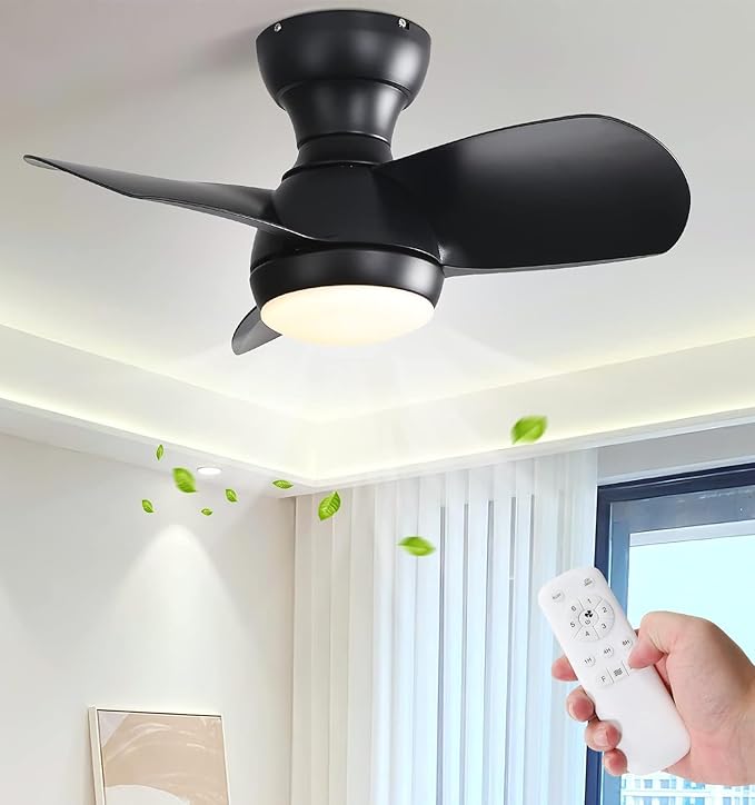 KEIKI 23 Inch Ceiling Fans with Lights & Remote Indoor, Outdoor Modern Ceiling Fan, Small Noiseless Fan w/Dimmable & Timer for Bedroom & Kitchen, 3 ABS Blades & 6 Speed Reversible DC Motor, Black