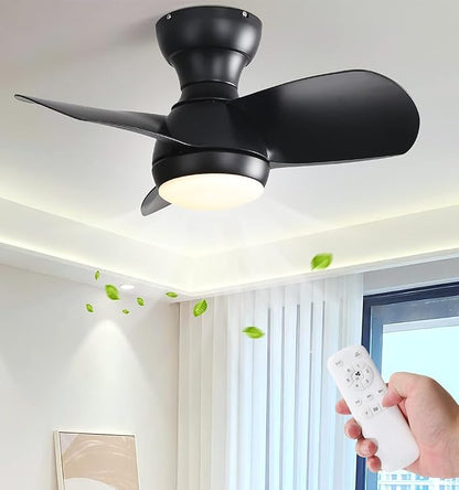 KEIKI 23 Inch Ceiling Fans with Lights & Remote Indoor, Outdoor Modern Ceiling Fan, Small Noiseless Fan w/Dimmable & Timer for Bedroom & Kitchen, 3 ABS Blades & 6 Speed Reversible DC Motor, Black