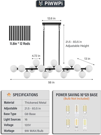 Modern Chandeliers for Dining Room Kitchen Island, 55" Long Large Linear Sputnik Globe Chandelier, 16-Light Mid Century Modern Light Fixture Over Table, Black and Milk White Bubble, GC-08