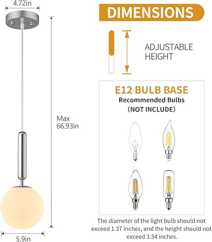 Modern Hanging Light Fixture Pendant Lighting for Kitchen Island Mid Century Chrome Pendant Lights with Globe Milky White Glass Pendant Light for Bedroom Bathroom Entryway (2 Pack)