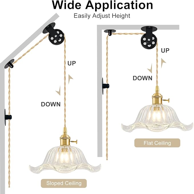 Plug in Pendant Light Vintage 2 Pack, Adjustable Pulley Hanging Lamp with Clear Lily Glass Shade, Brass Hanging Lights with Plug in Cord, Gold Hanging Pendant Light for Bedroom Living Room Kitchen
