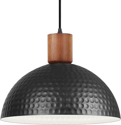 12" Hammered Metal Pendant Light,Black and Wood Pendant Lamp Fixture Ceiling Hanging Light,Modern Industrial Style Dome Hanging Lights for Kitchen Island,Restaurant,Farmhouse Dining Room,Sink,Hallway