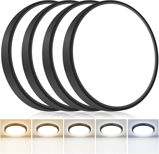 4PACK Flush Mount LED Ceiling Light Fixtures 5 Color Temperatures in One &100W Equivalent Flat Bathroom Ceiling Light,7Inch 15W Thin Round Black Surface Flushmount Fixture for Closet,Bedroom,Kitchen