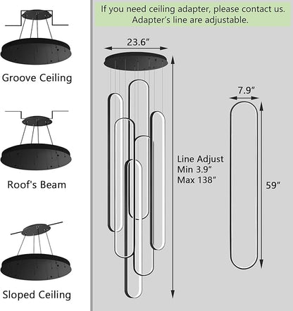 Modern High Ceiling Chandelier for Foyer Black 6 Rings Chandeliers LED Dimmable Chandelier for Living Room Staircase Villa
