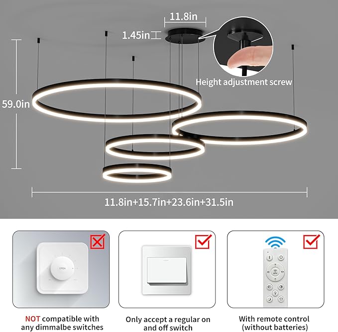Mikeru Modern 4 Ring Chandelier Light, LED Pendant Light Fixtures with Remote Control 3000k-6500K Adjustable Color Temperature Light for Living Room, Kitchen (11.8+15.7+23.6IN+31.5in)