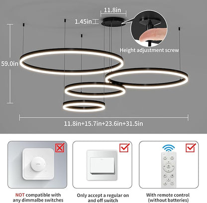 Mikeru Modern 4 Ring Chandelier Light, LED Pendant Light Fixtures with Remote Control 3000k-6500K Adjustable Color Temperature Light for Living Room, Kitchen (11.8+15.7+23.6IN+31.5in)