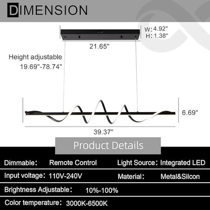 Modern Island Lights for Kitchen, Black Modern Chandelier for Dining Room Over Table, Dimmable Led Pendant Lights Kitchen Island Lighting,39.73" Creative Snake-Shaped Twist Design