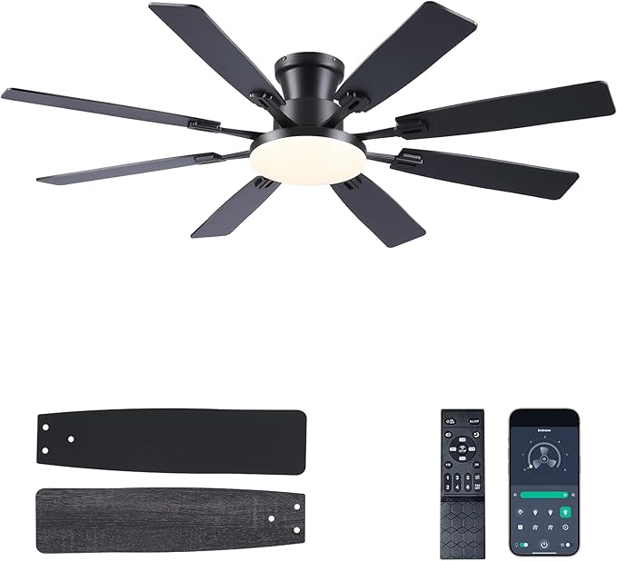JSAITEE 60Inch Ceiling Fan with Lights and Remotes, Large Low Profile Flush Mount Ceiling Fans,DC Reversible Motor, 3CCT Dimmable,Noiseless,Dual Finish, Black 6 Speeds Ceiling Fan for Indoor/Outdoor