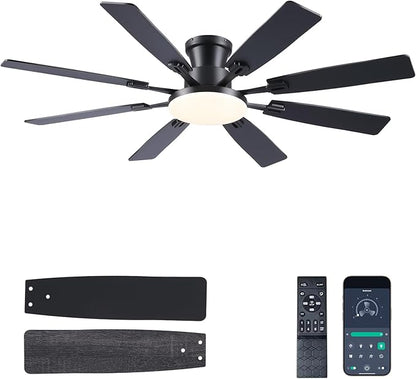 JSAITEE 60Inch Ceiling Fan with Lights and Remotes, Large Low Profile Flush Mount Ceiling Fans,DC Reversible Motor, 3CCT Dimmable,Noiseless,Dual Finish, Black 6 Speeds Ceiling Fan for Indoor/Outdoor