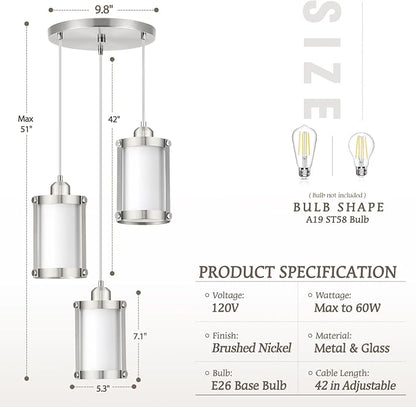 3-Light Pendant Lighting, Brushed Nickel Dining Room Chandelier Light Fixture Over Table with Milk Glass, Modern Cluster Hanging Lights for Kitchen Island Sink, OS-3014-3BNW